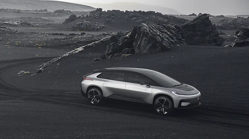 Faraday Future FF 91 posing for a scenic picture in Iceland