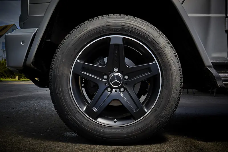 Close-up of Mercedes G-Class wheel and tyre