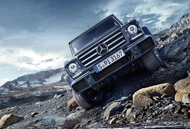 Mercedes G-Class on rocky terrain during an off-road expedition