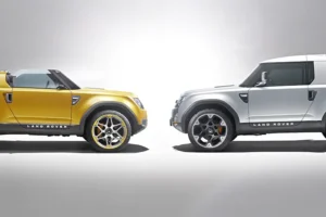 Land Rover DC100 Cabriolet Sport facing a DC100 concept in a photo shoot.