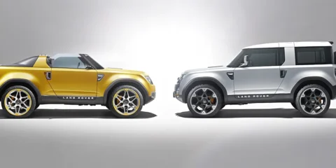 Land Rover DC100 Cabriolet Sport facing a DC100 concept in a photo shoot.