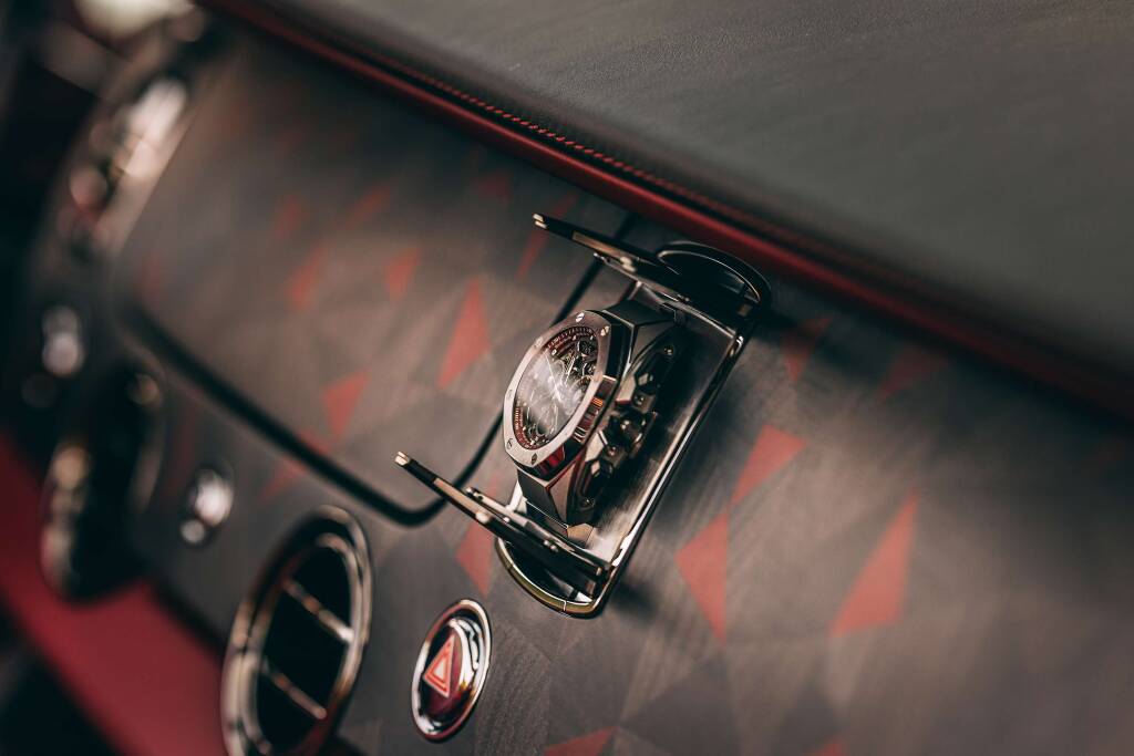 Rolls Royce La Rose Noire interior with wearable Audemars Piguet Royal Oak Concept timepiece