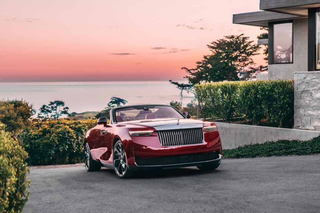 Rolls-Royce La Rose Noire Droptail parked at sunset