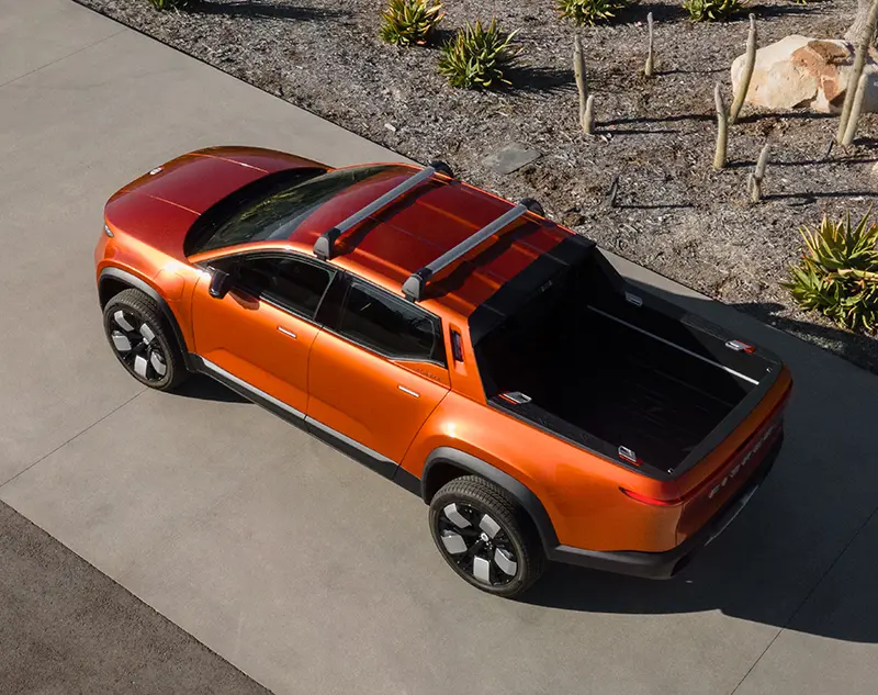 Aerial view of Fisker's Kayak, all electric pick-up truck with extendable load bed