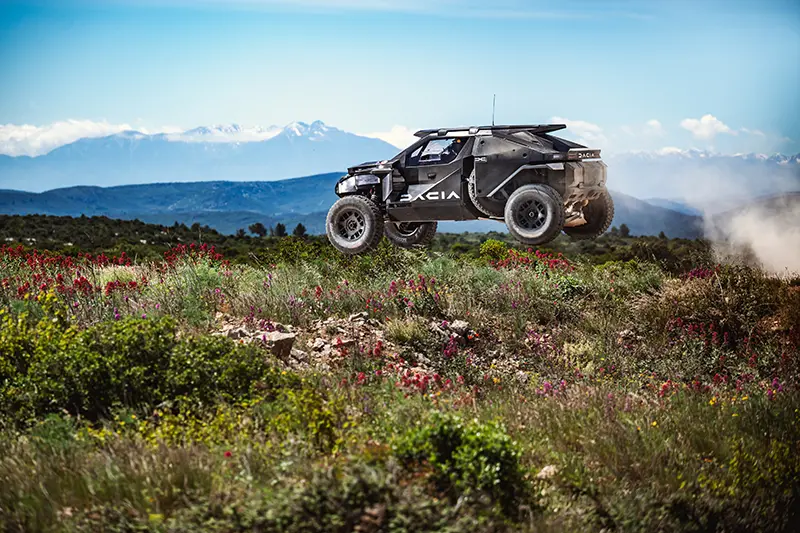 Dacia Sandrider in the air during tests at Chateau De Lastours