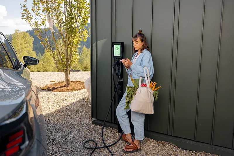 Woman waiting for EV to charge at home