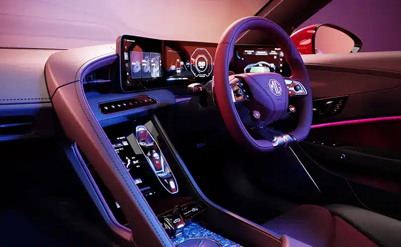 The MG Cyberster interior features four digital displays with three wraparound screens 