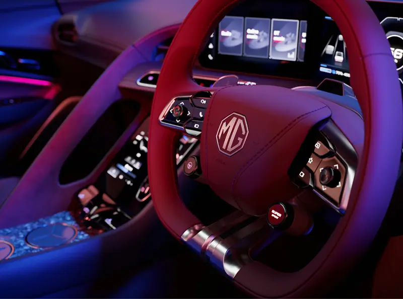 MG Cyberster's interior showcasing yoke steering wheel with three cockpit screens.