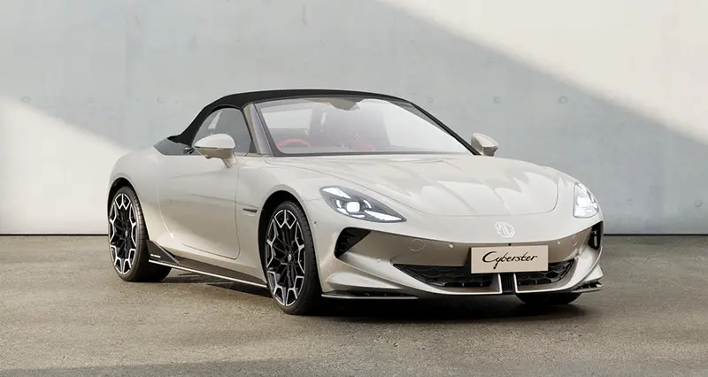 Front view of the MG Cyberster roadster in Camden Grey, highlighting its sleek aerodynamic design.