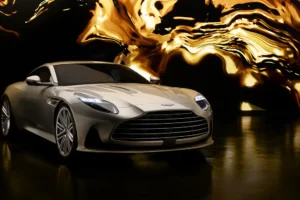 Front view of the Aston Martin DB12 Goldfinger Edition in Silver Birch paint.