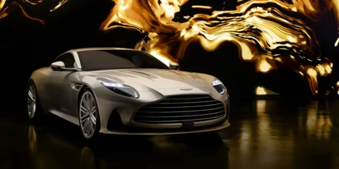 Front view of the Aston Martin DB12 Goldfinger Edition in Silver Birch paint.