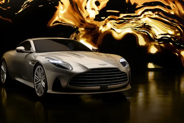 Front view of the Aston Martin DB12 Goldfinger Edition in Silver Birch paint.