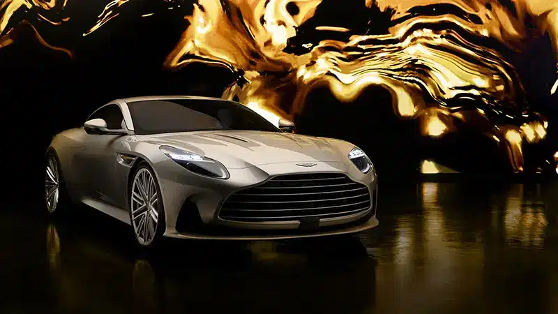 3/4 Front and side view of Aston Martin DB12 Goldfinger Edition in iconic Silver Birch