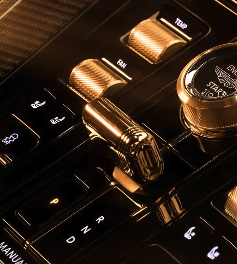  DB12 Goldfinger Edition gear selector inspired by Bond’s tracking device from Goldfinger.