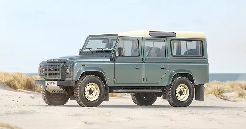 Custom Retro Classic V8 110 Defender V8 with Wolf steel wheels, enhanced suspension and off-road capabilities.