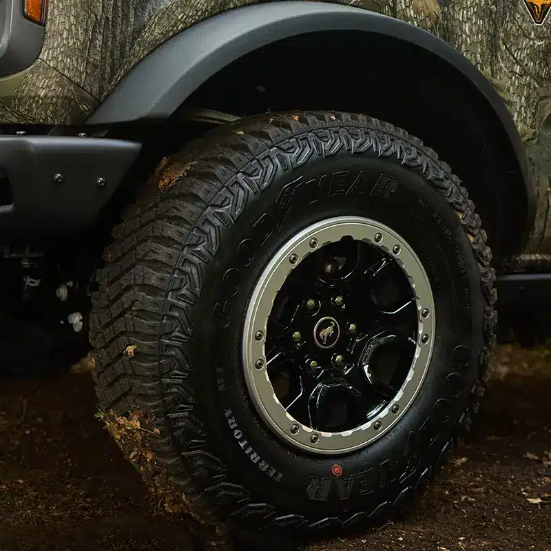 Close-up of the all-terrain wheel on the Ford Bronco Sasquatch Searcher SUV