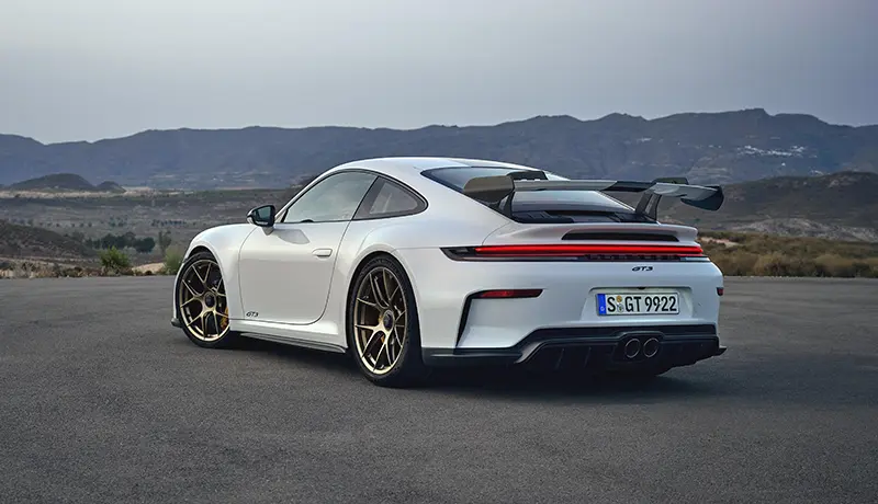 rear view of the 2024 Porsche 911 GT Weissach Package with subtle spoiler