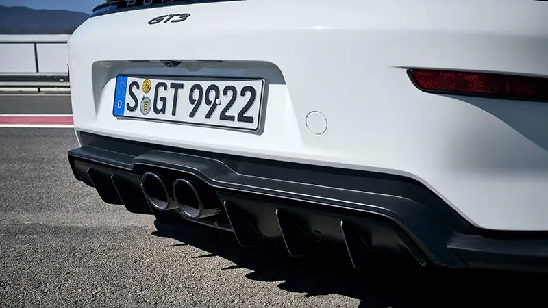 The titanium exhaust system on the 2024 Porsche 911 GT Weissach Package.