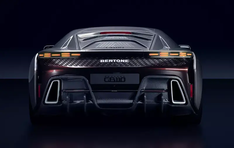 Rear view of the Bertone GB110 hypercar showing taillights and exhaust