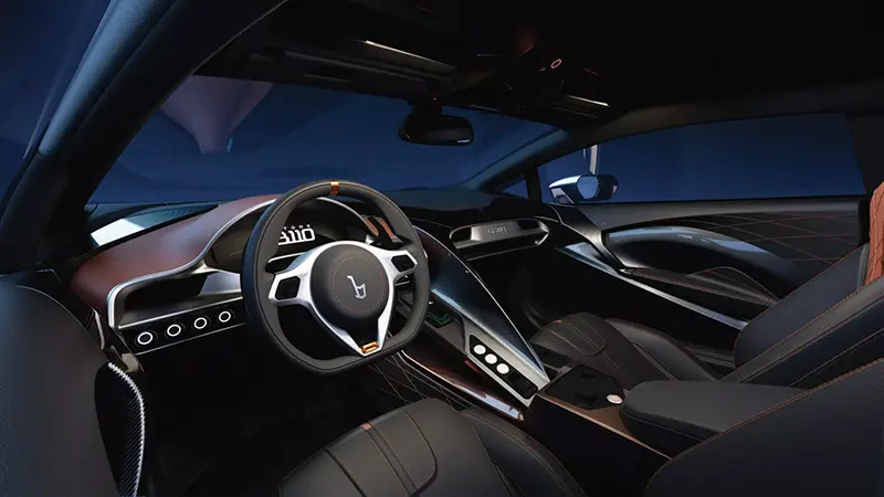 Interior driver’s cockpit of the Bertone GB110 hypercar, focused on luxury and performance