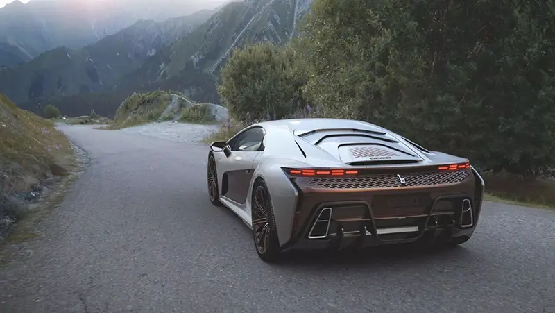 Bertone GB110 hypercar against majestic mountain backdrop