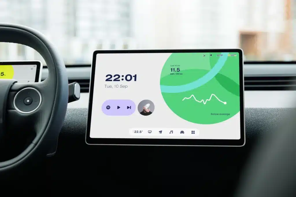 Nio Firefly UK dashboard touchscreen showing driving data and media display