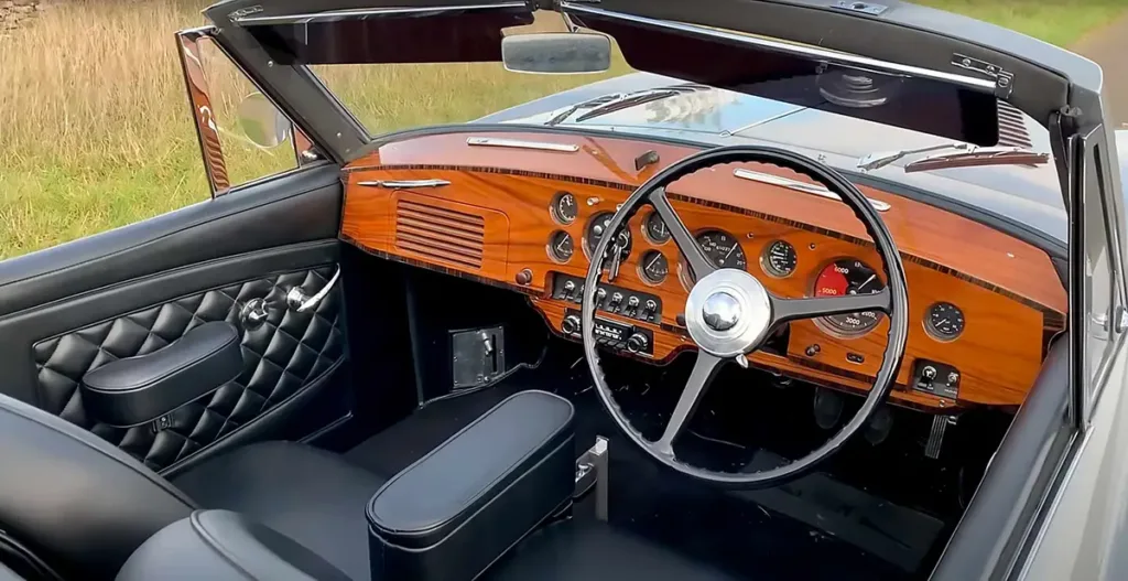 Interior of Bentley Locomotive with walnut dash and quilted black leather trim