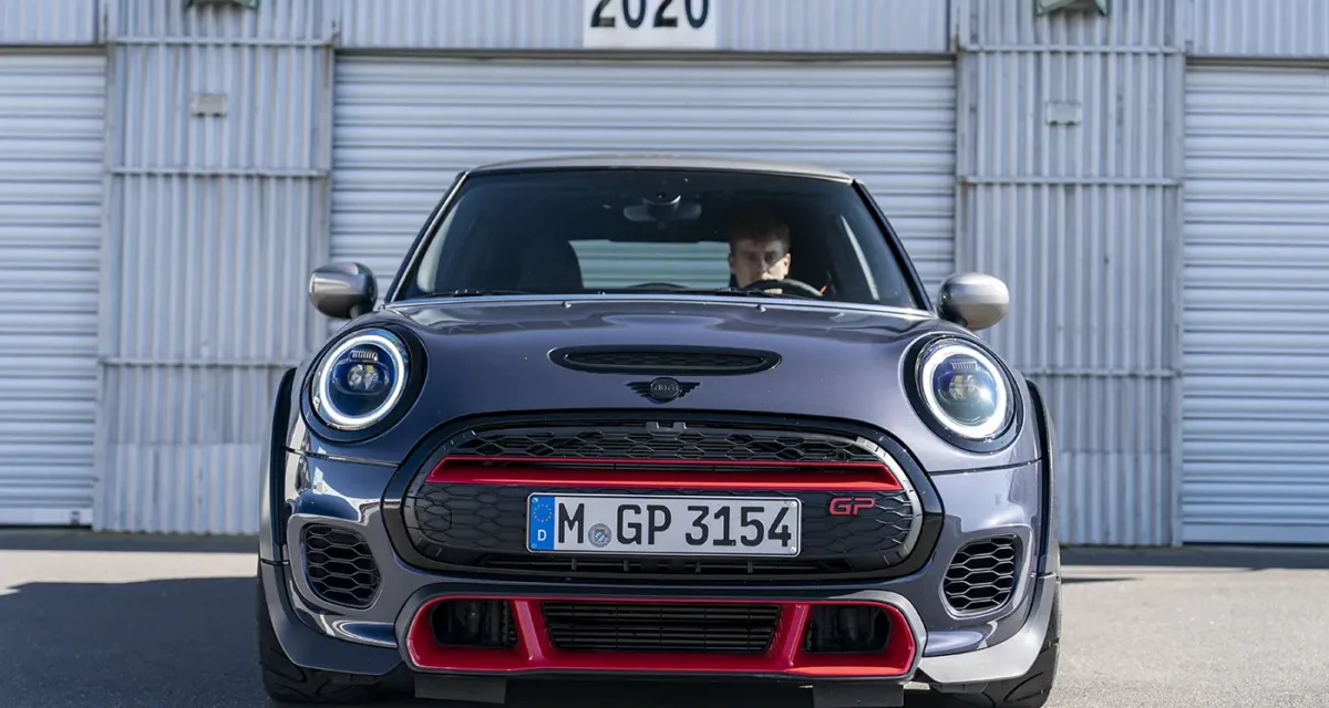 Front view of MINI JCW GP3 showing wide arches and GP aero, potential future classic