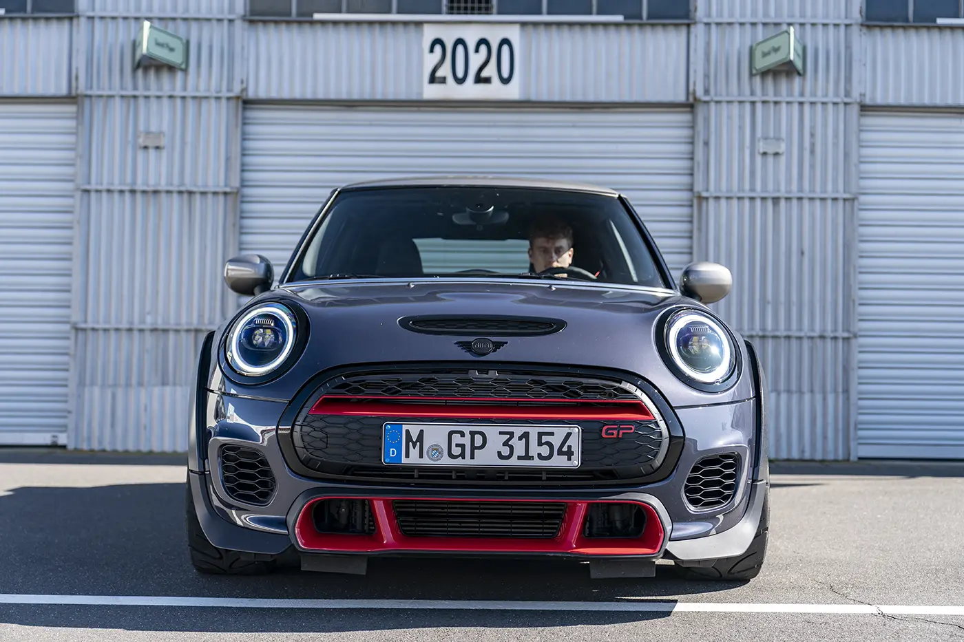 Front view of MINI JCW GP3 showing wide arches and GP aero, potential future classic