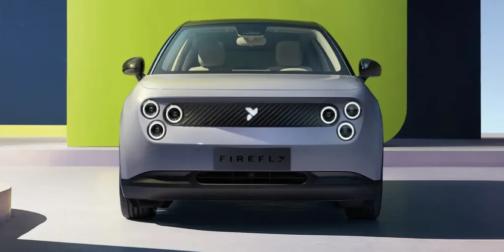 Front view of Nio Firefly UK showing circular LED headlights and grille design