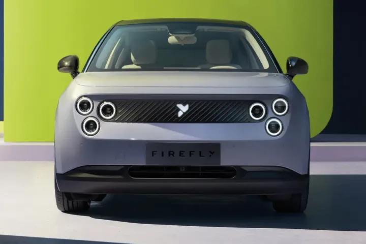 Front view of Nio Firefly UK showing circular LED headlights and grille design
