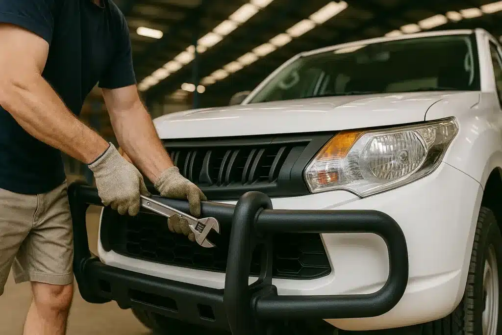 Mechanic removing a bull bar from a 4WD ute during vehicle modification