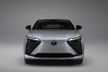 Front view of the Lexus RZ 600e F Sport Performance electric SUV in silver studio lighting