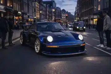Singer Porsche 911 Sorcerer driving through London West End with onlookers