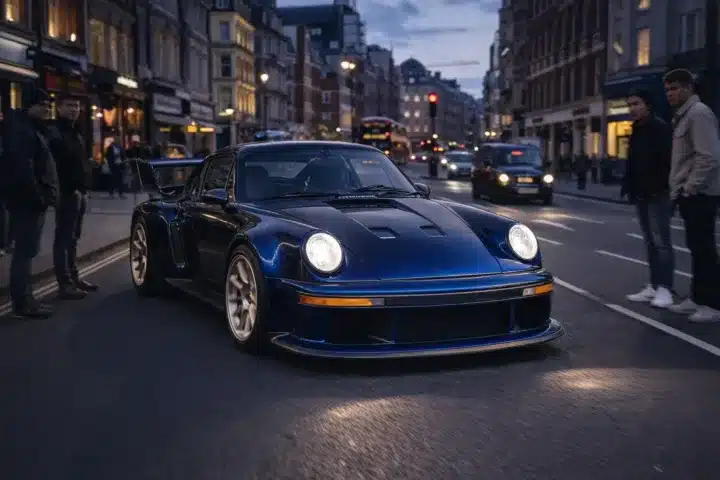 Singer Porsche 911 Sorcerer driving through London West End with onlookers