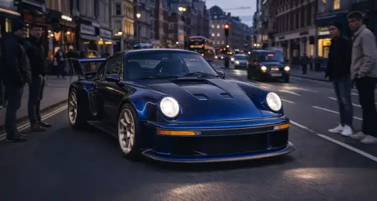 Singer Porsche 911 Sorcerer driving through London West End with onlookers