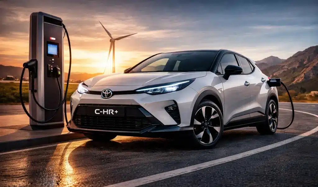 Toyota C-HR+ all-electric SUV charging at a rapid charger with wind turbine in the background at sunset