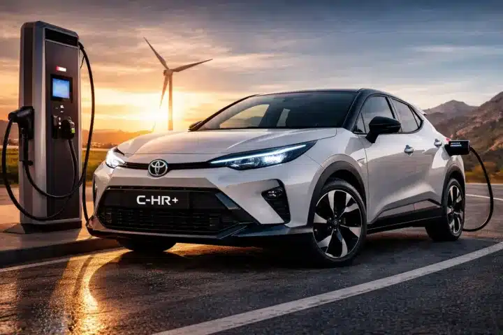 Toyota C-HR+ all-electric SUV charging at a rapid charger with wind turbine in the background at sunset