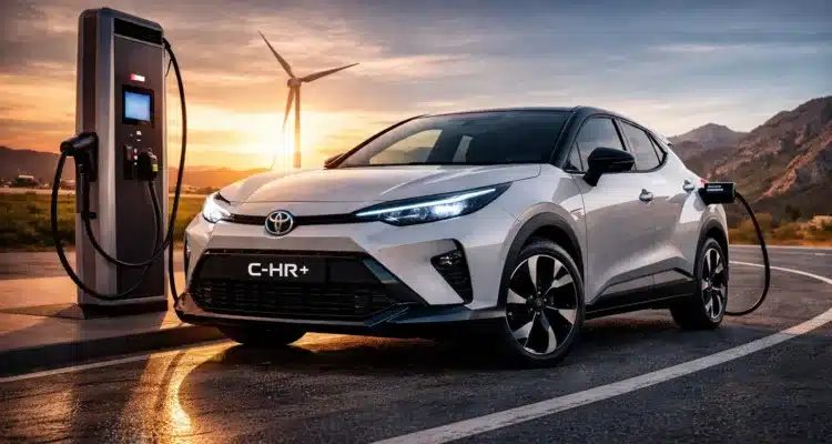 Toyota C-HR+ all-electric SUV charging at a rapid charger with wind turbine in the background at sunset
