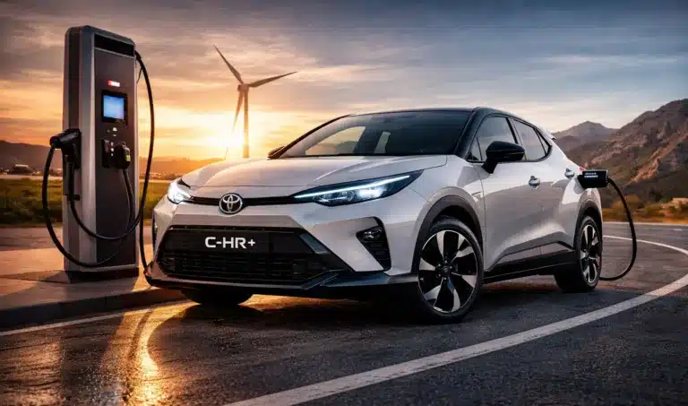 Toyota C-HR+ all-electric SUV charging at a rapid charger with wind turbine in the background at sunset