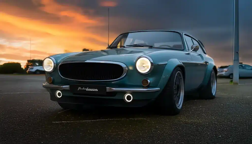 Autoforma Norrsken Volvo P1800 ES Restomod photographed from the front at sunset showing widened arches, LED lighting and classic Volvo styling