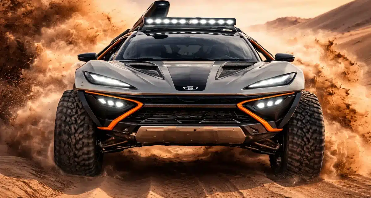X Skorpio Concept head-on view showing extreme off-road design, 40-inch tyres and desert performance focus