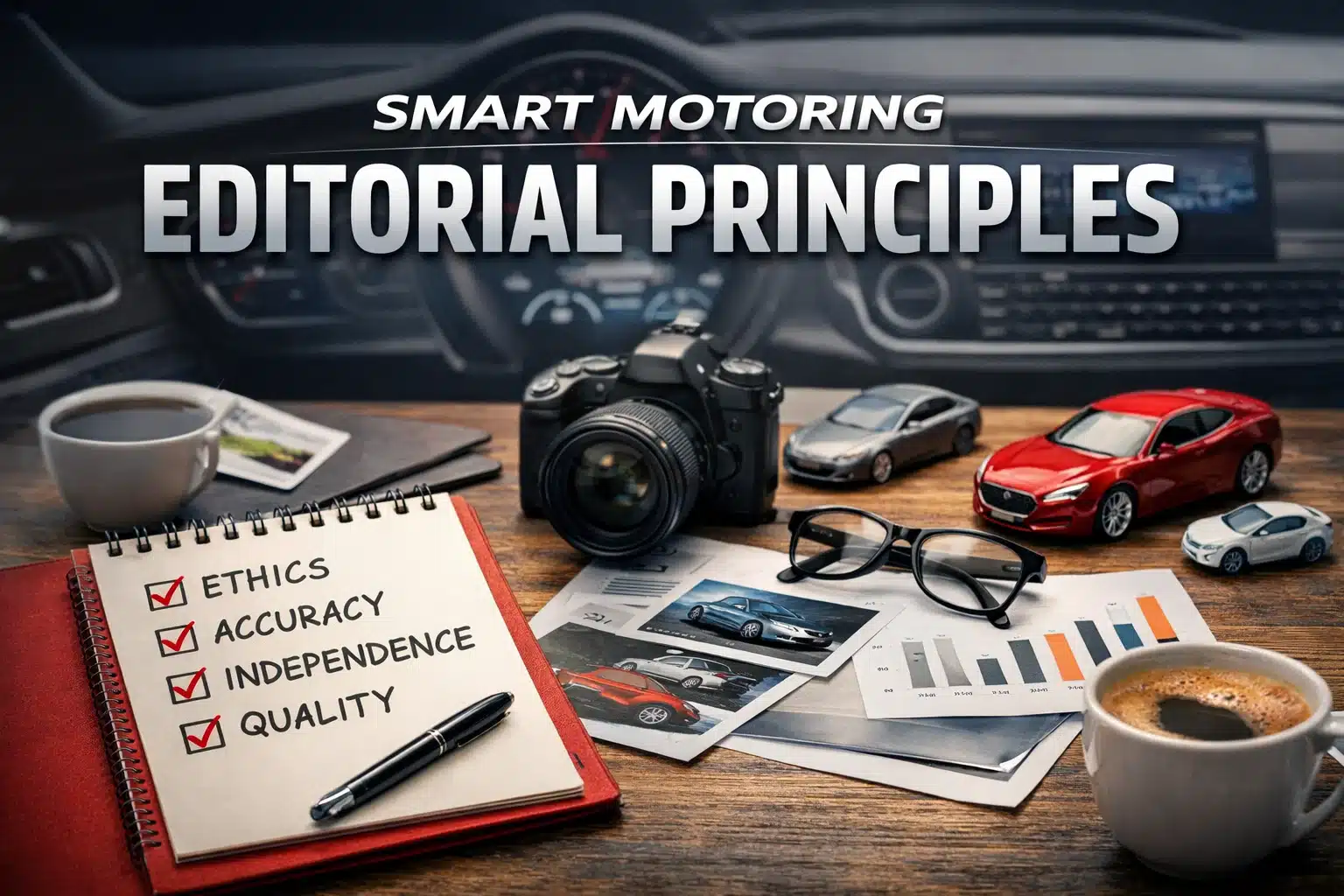 Smart Motoring editorial principles concept showing automotive journalism workspace with camera, car models and notebook highlighting ethics, accuracy, independence and quality.