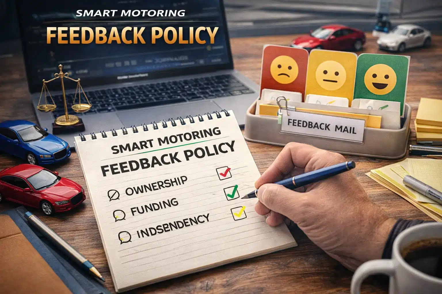 Smart Motoring reader feedback policy concept showing automotive journalism workspace with feedback cards, laptop and editorial notes representing transparency and audience engagement.