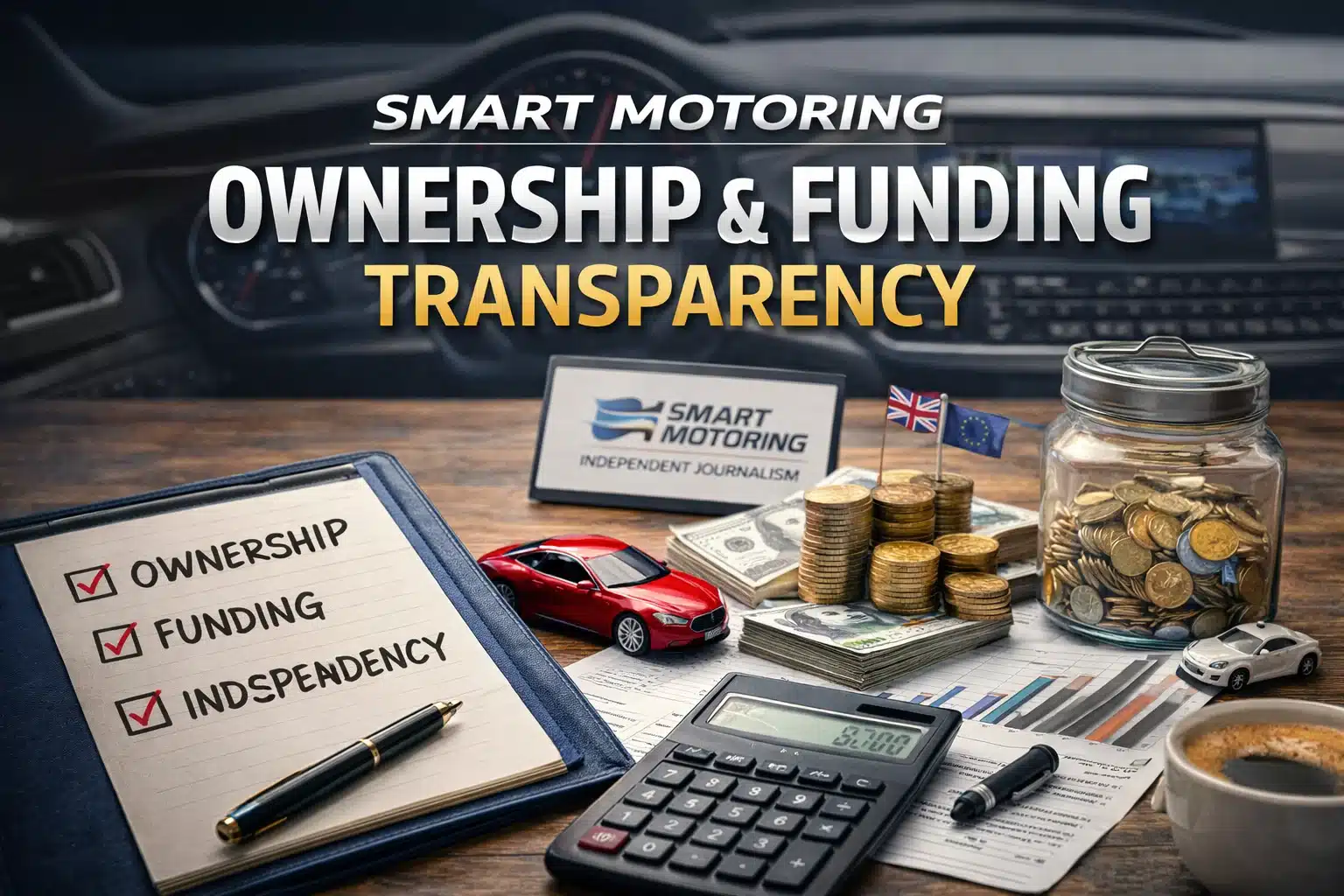 Smart Motoring ownership and funding transparency concept showing financial documents, calculator and car models representing independent automotive journalism.