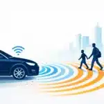 AI car detecting pedestrians using sensor waves on a crowded city street