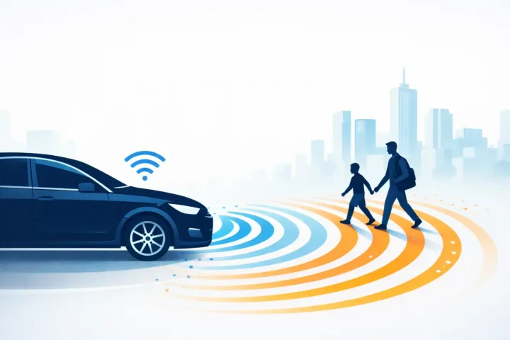 AI car detecting pedestrians using sensor waves on a crowded city street