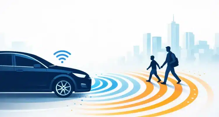 AI car detecting pedestrians using sensor waves on a crowded city street