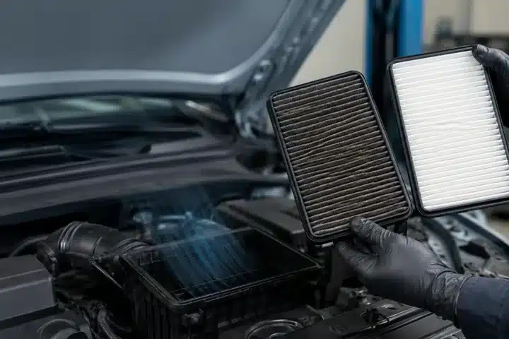 Mechanic comparing a clogged engine air filter with a clean replacement beside an open car engine air filter housing