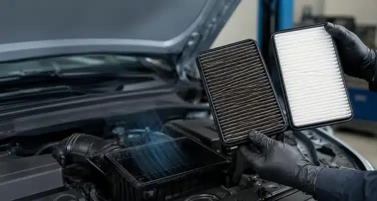 Mechanic comparing a clogged engine air filter with a clean replacement beside an open car engine air filter housing